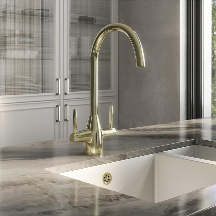 Liquida AST86PB Polished Brass Dual Lever Swivel Spout Kitchen Mixer Tap