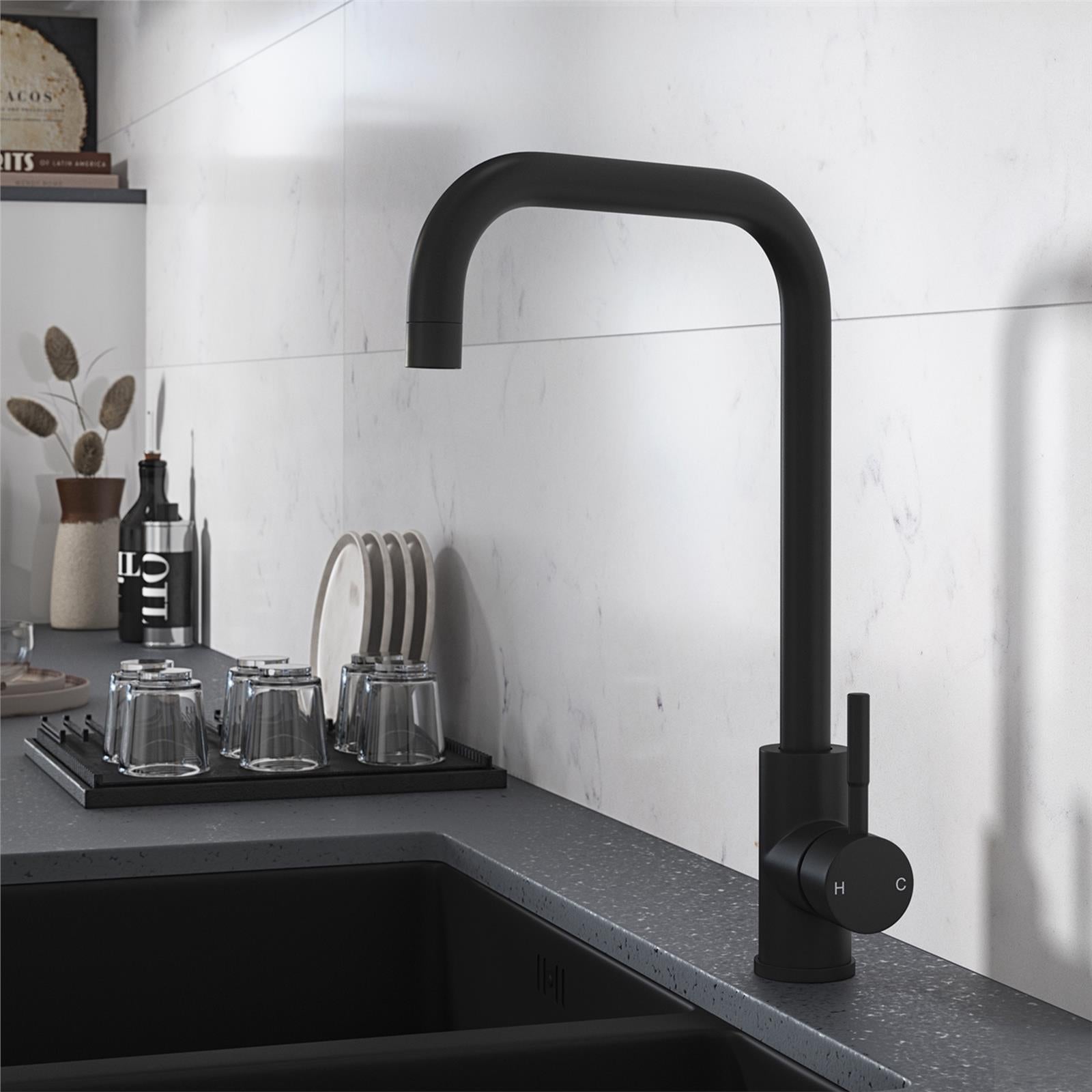 Liquida VT70MB Matt Black Single Lever Square Neck Swivel Spout Kitchen Tap