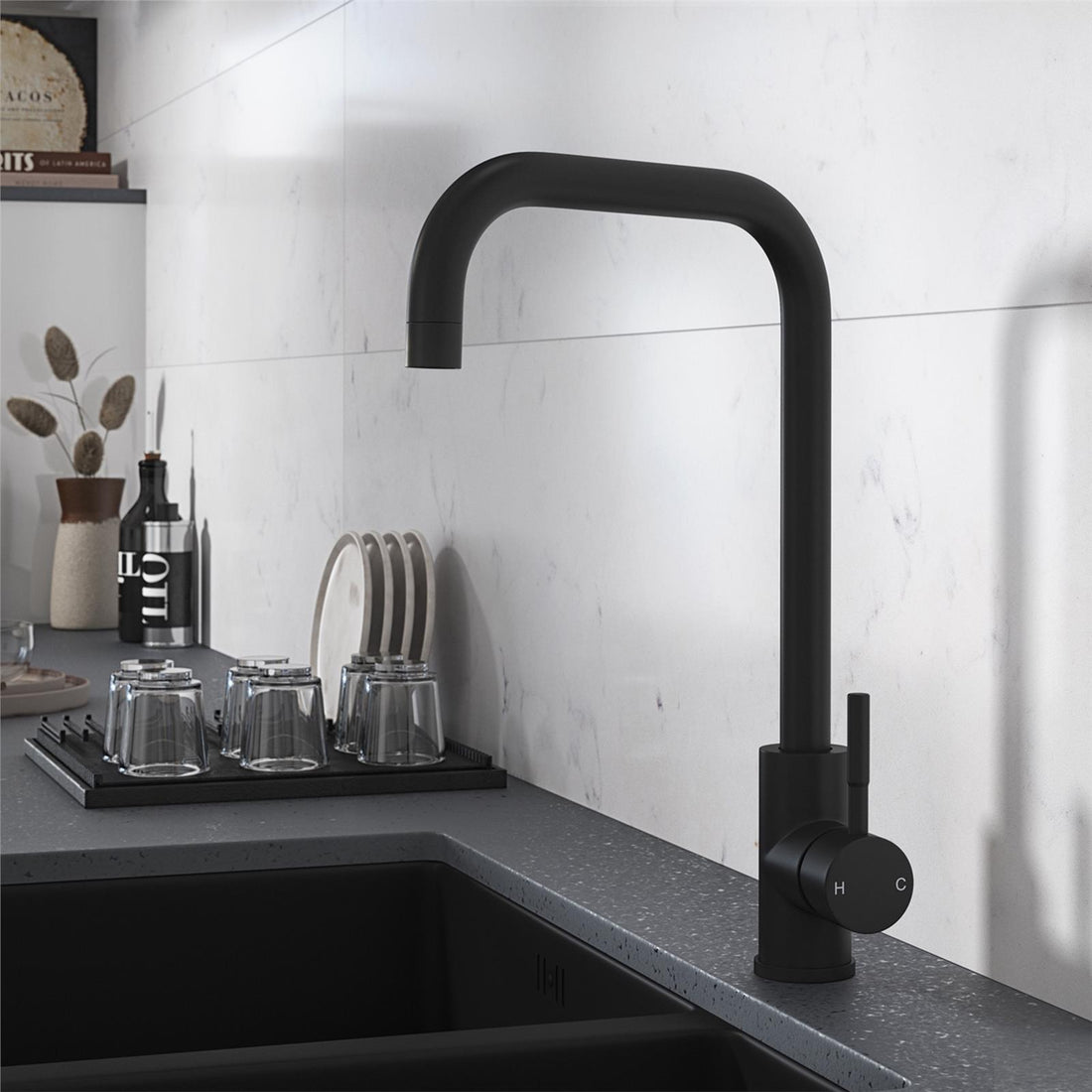 Liquida VT70MB Matt Black Single Lever Square Neck Swivel Spout Kitchen Tap
