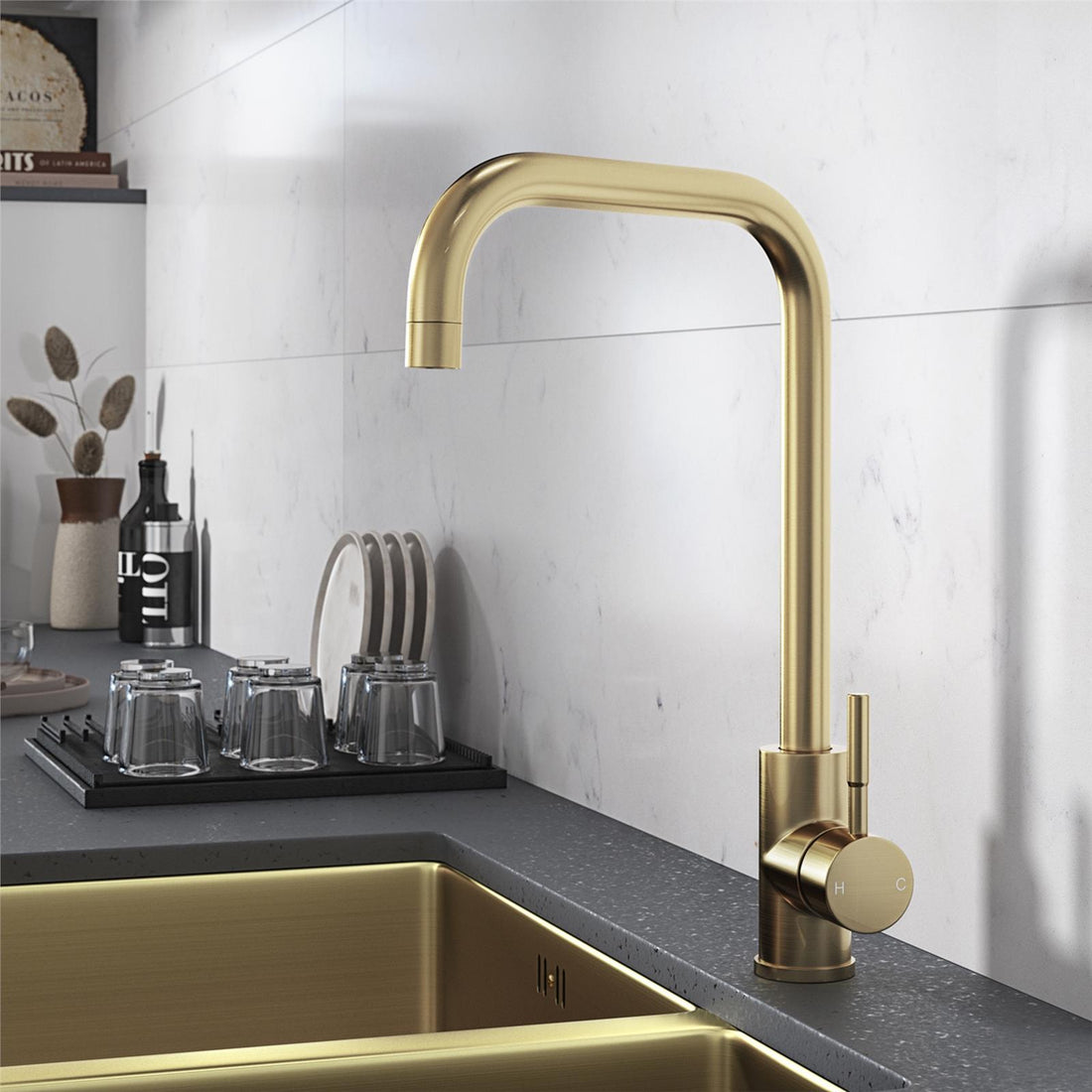 Liquida VT71BR Brushed Brass Single Lever Square Neck Swivel Spout Kitchen Tap