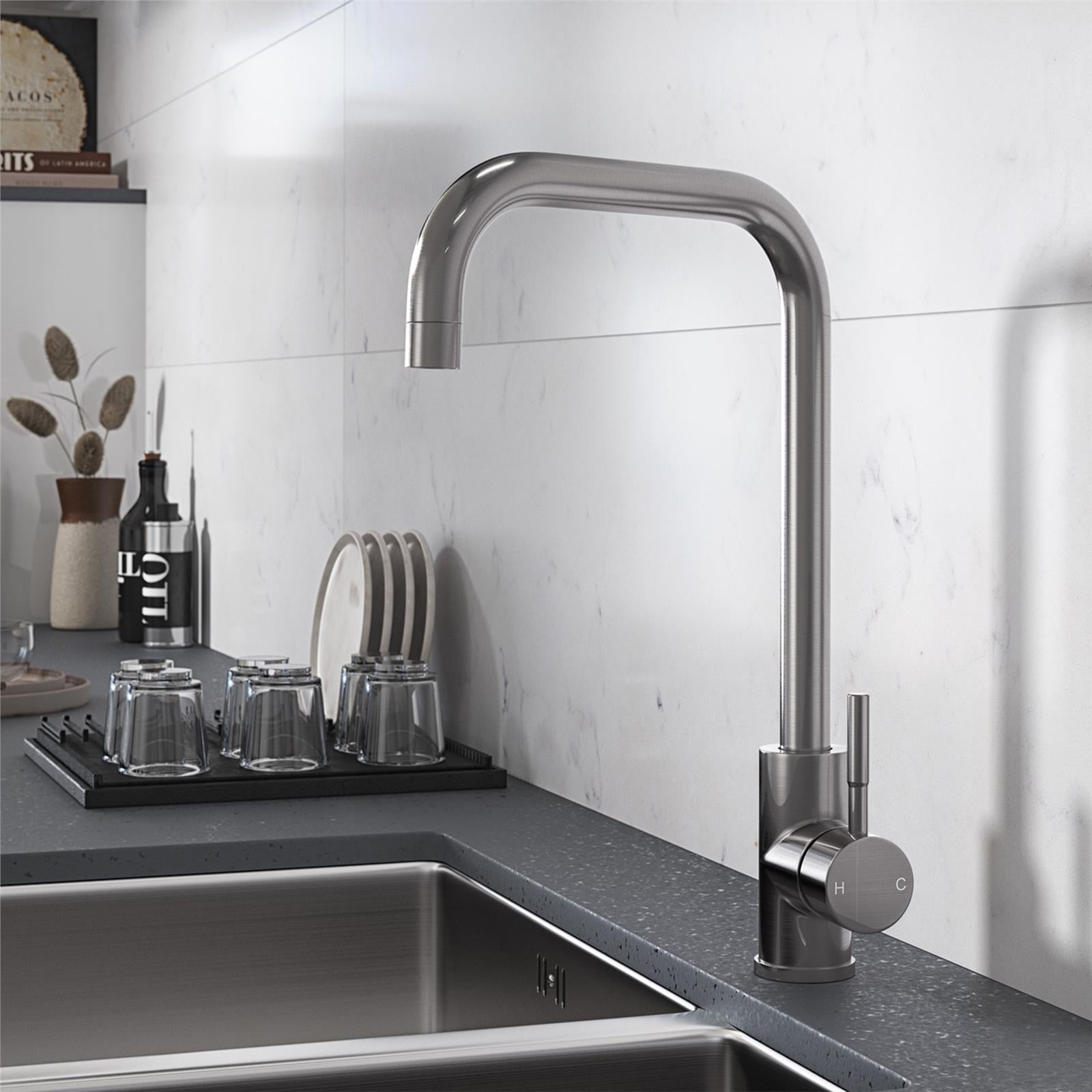 Liquida VT73BS Brushed Steel Single Lever Square Neck Swivel Spout Kitchen Tap