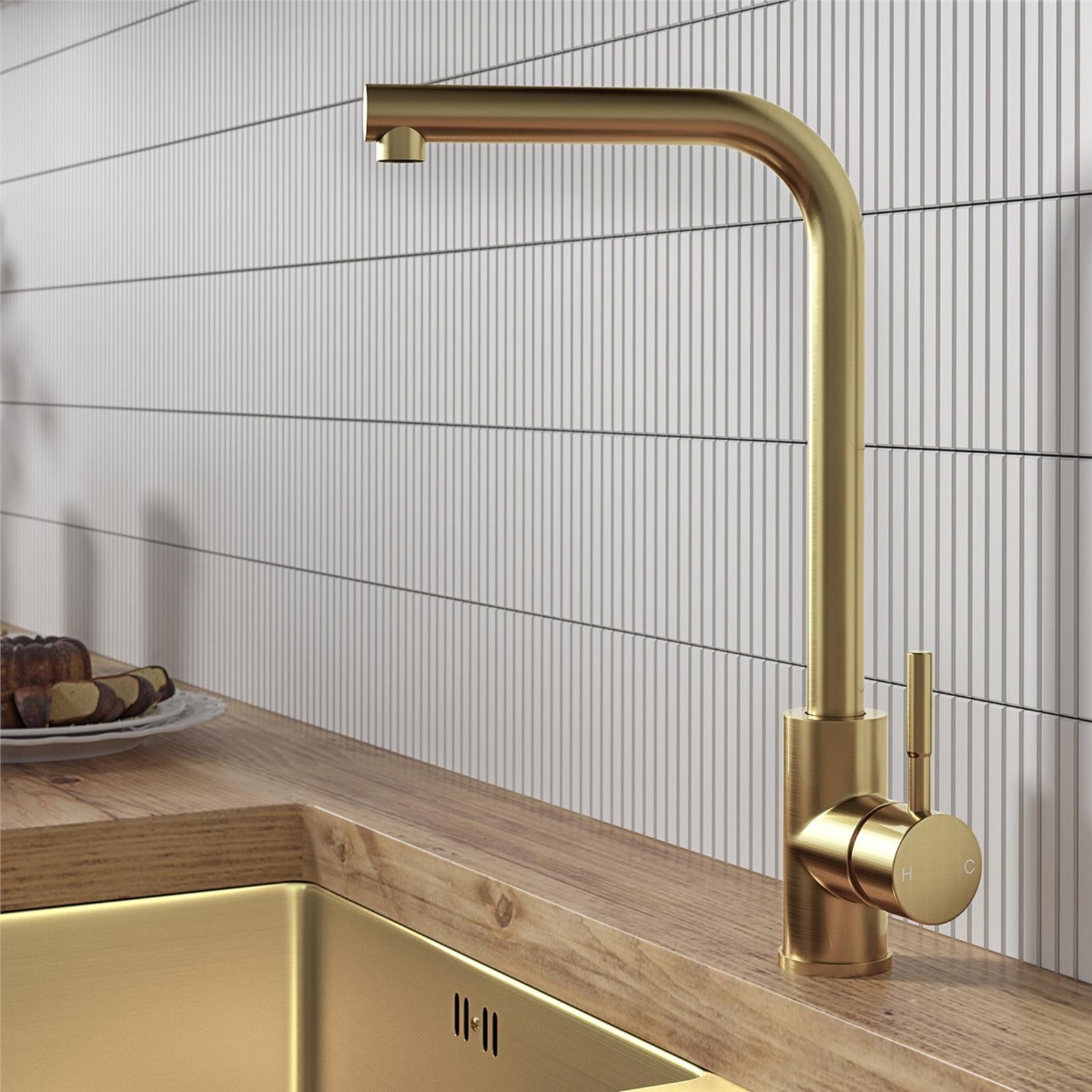 Liquida VT80BR Brushed Brass Single Lever L Neck Swivel Spout Kitchen Mixer Tap
