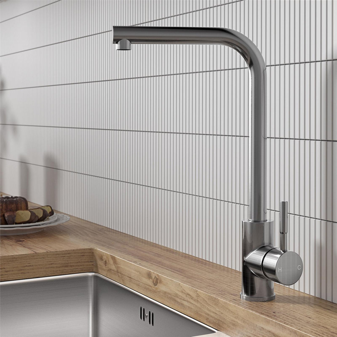 Liquida VT82BS Brushed Steel Single Lever L Neck Swivel Spout Kitchen Mixer Tap
