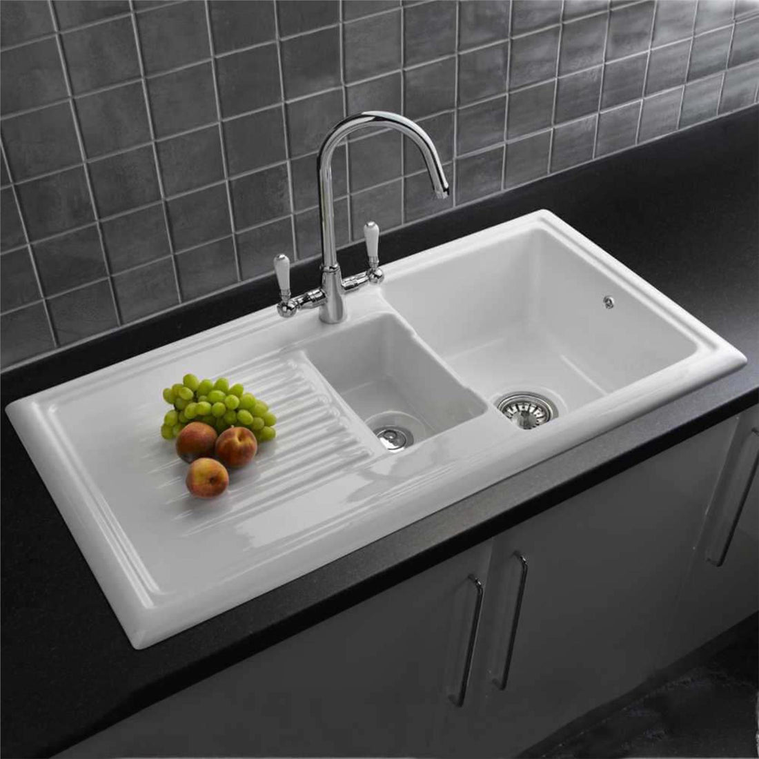 Reginox RL 301CW White 1.5 Bowl Inset Reversible Ceramic Kitchen Sink
