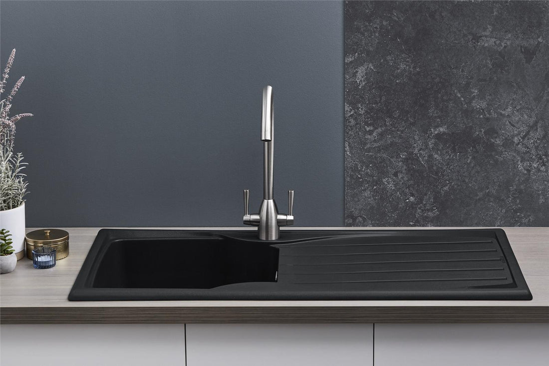 Liquida CMP10BL 1.0 Bowl Reversible Black Kitchen Sink And Waste Kit - GRADED