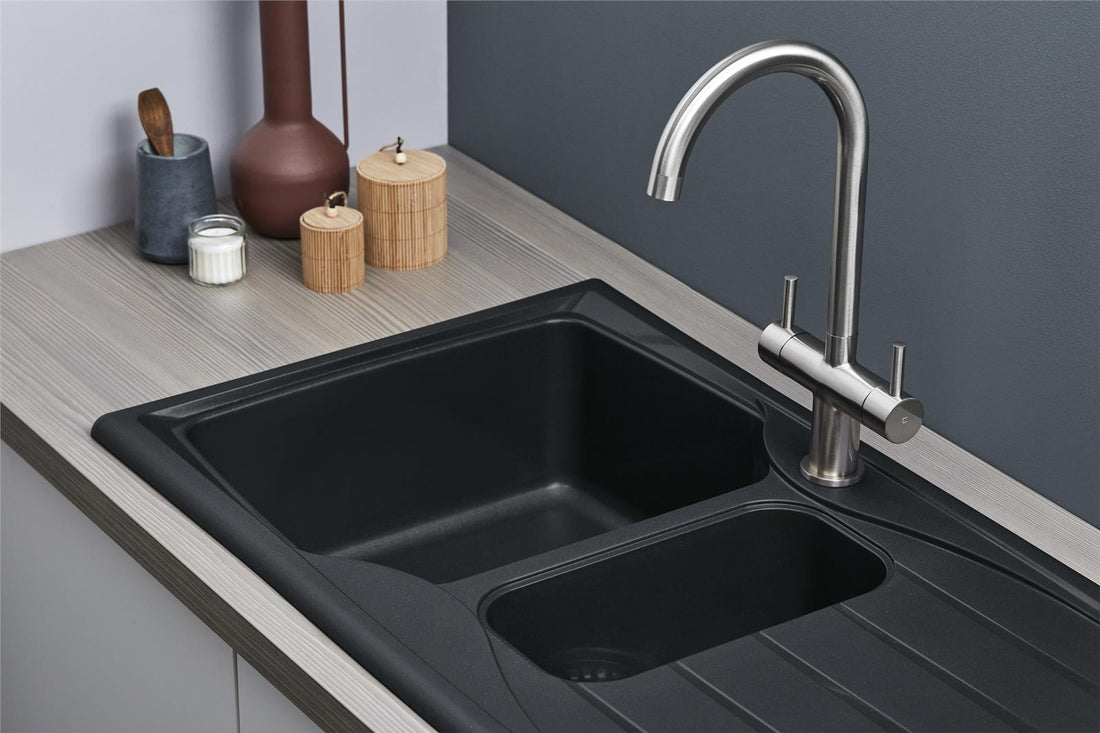 Liquida CMP15BL 1.5 Bowl Reversible Black Kitchen Sink And Waste Kit - GRADED
