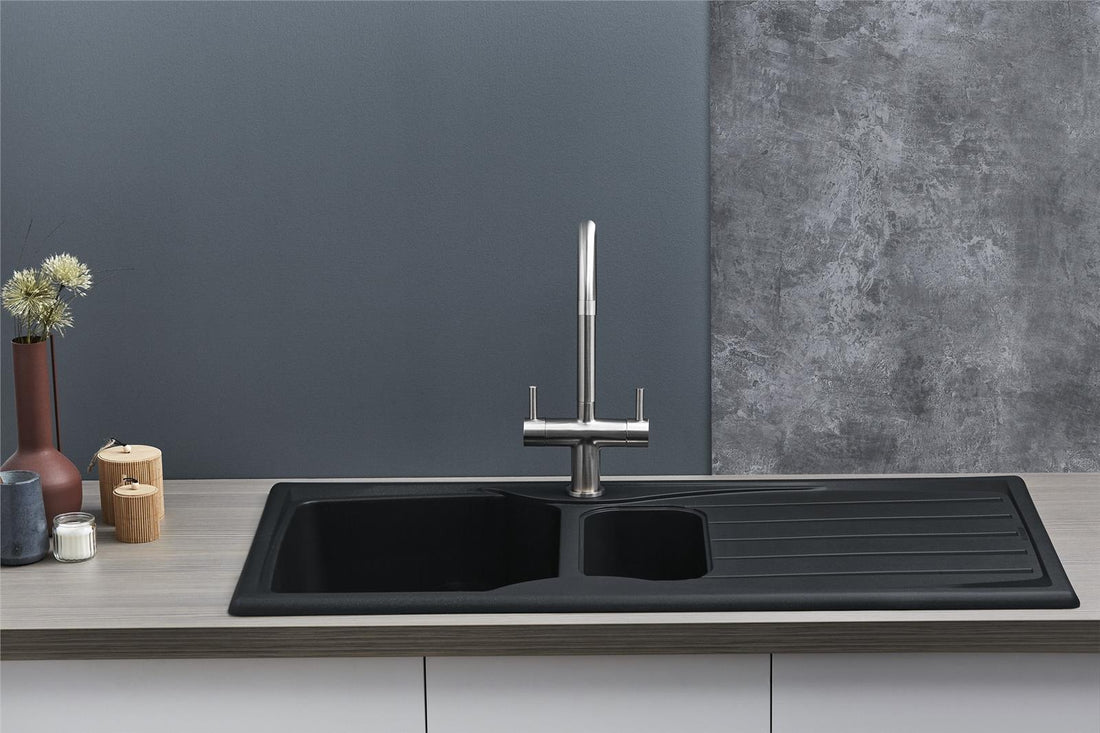 Liquida CMP15BL 1.5 Bowl Reversible Black Kitchen Sink And Waste Kit - GRADED