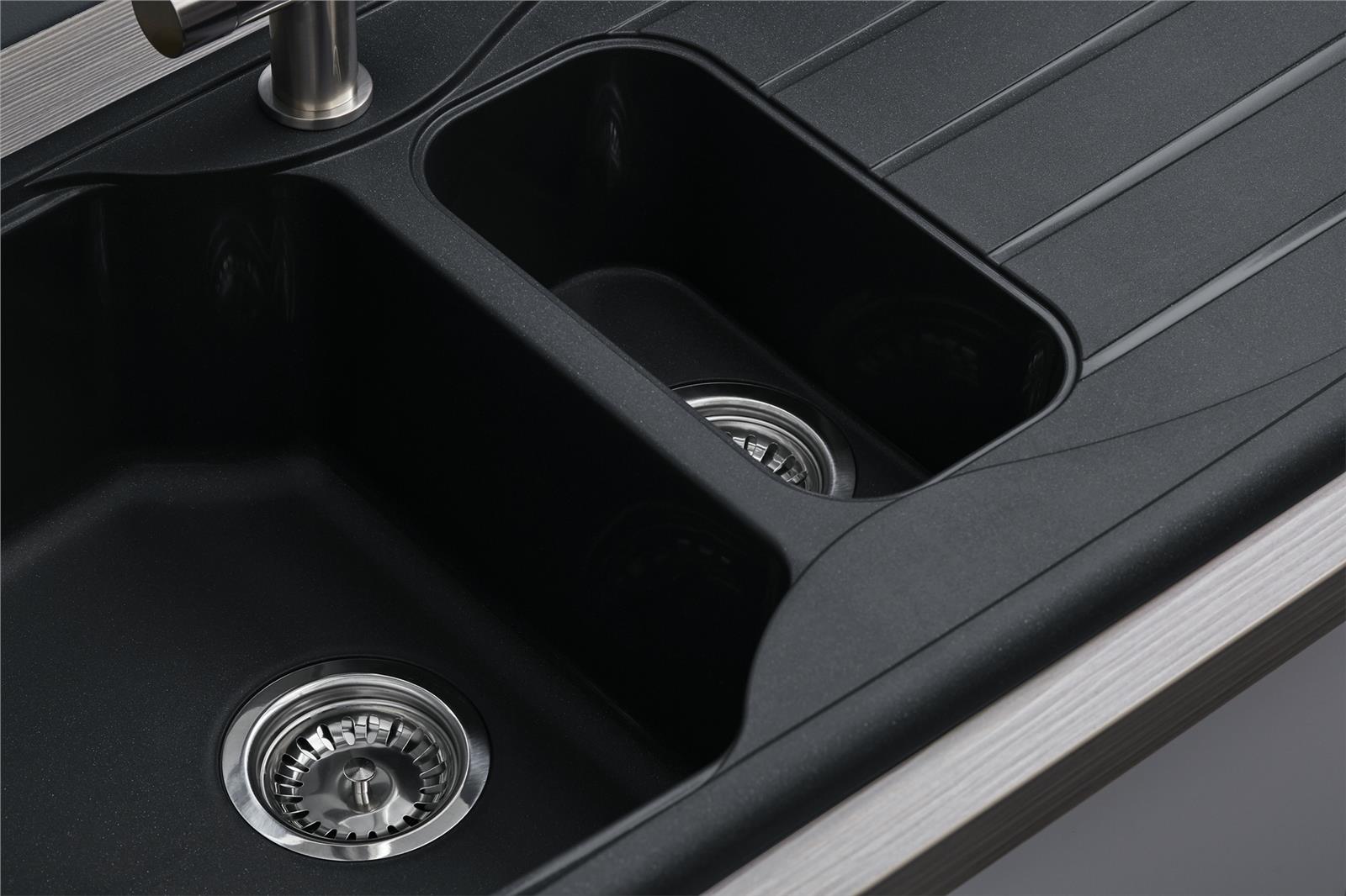 Liquida CMP15BL 1.5 Bowl Reversible Black Kitchen Sink And Pull Out CT453MB Tap