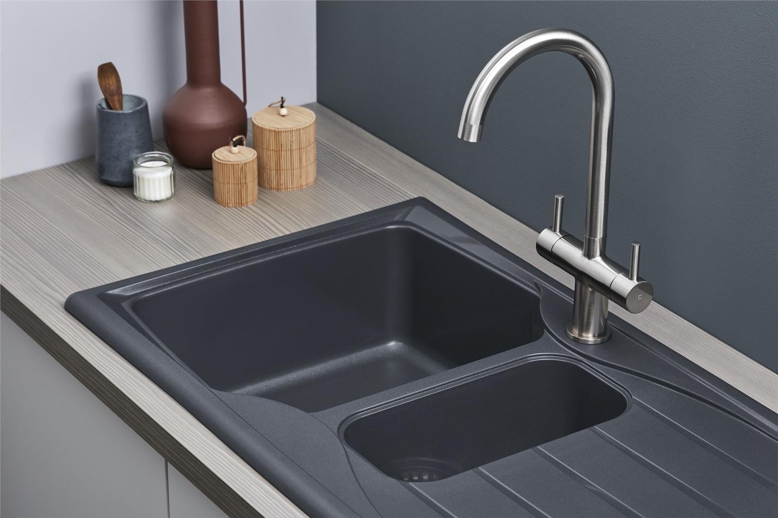 Liquida CMP15GR 1.5 Bowl Reversible Graphite Grey Kitchen Sink And Waste Kit
