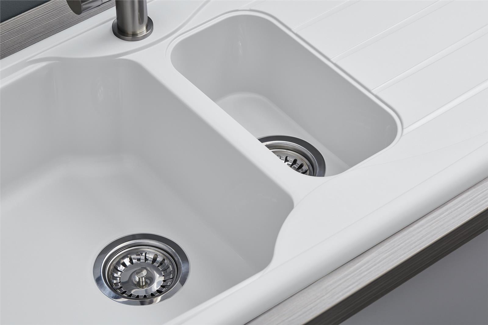 Liquida CMP15WH 1.5 Bowl Reversible White Kitchen Sink And Waste Kit - GRADED