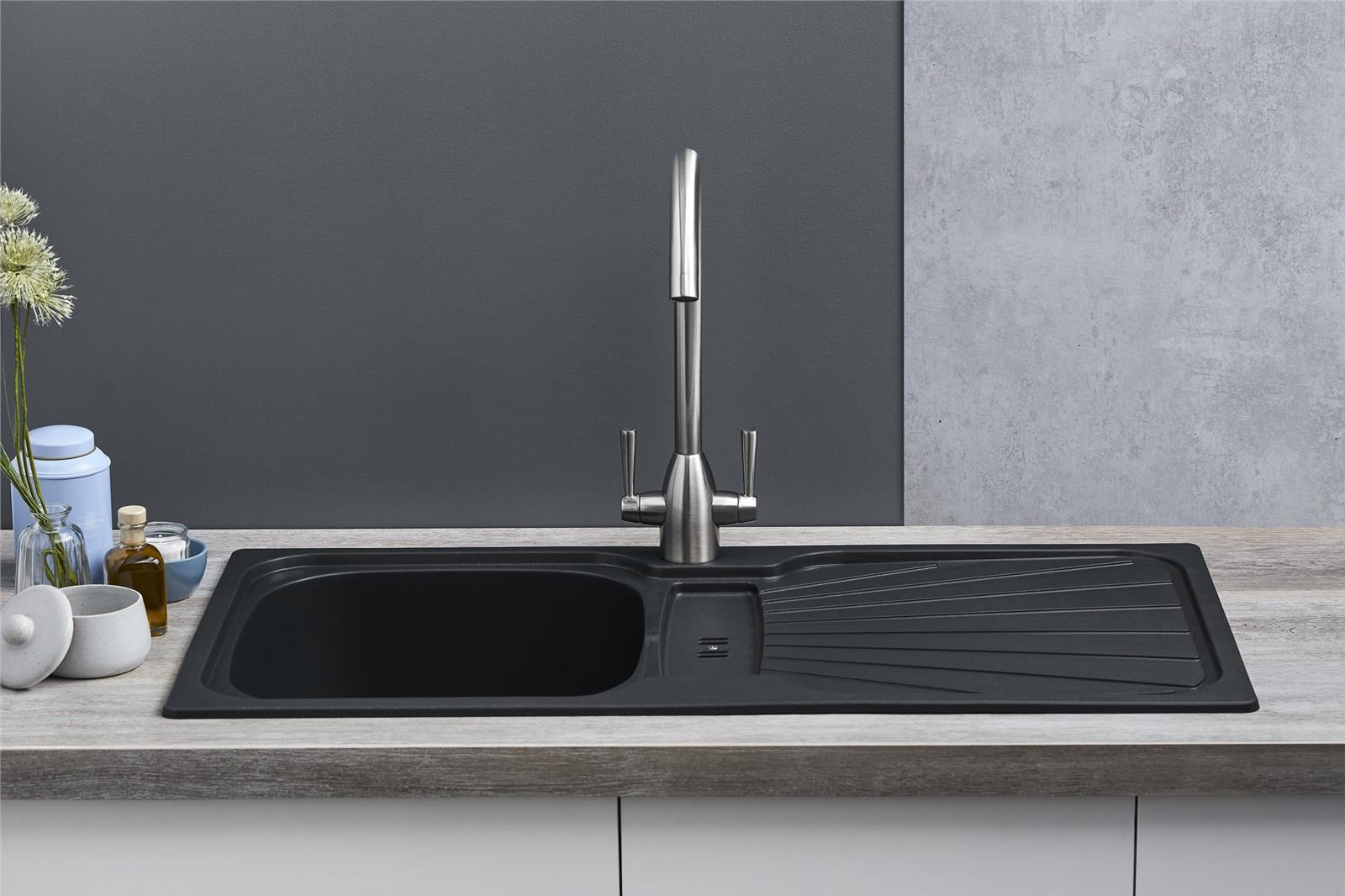 Liquida CMP5BL 1.0 Bowl Reversible Inset Black Kitchen Sink With Waste Kit