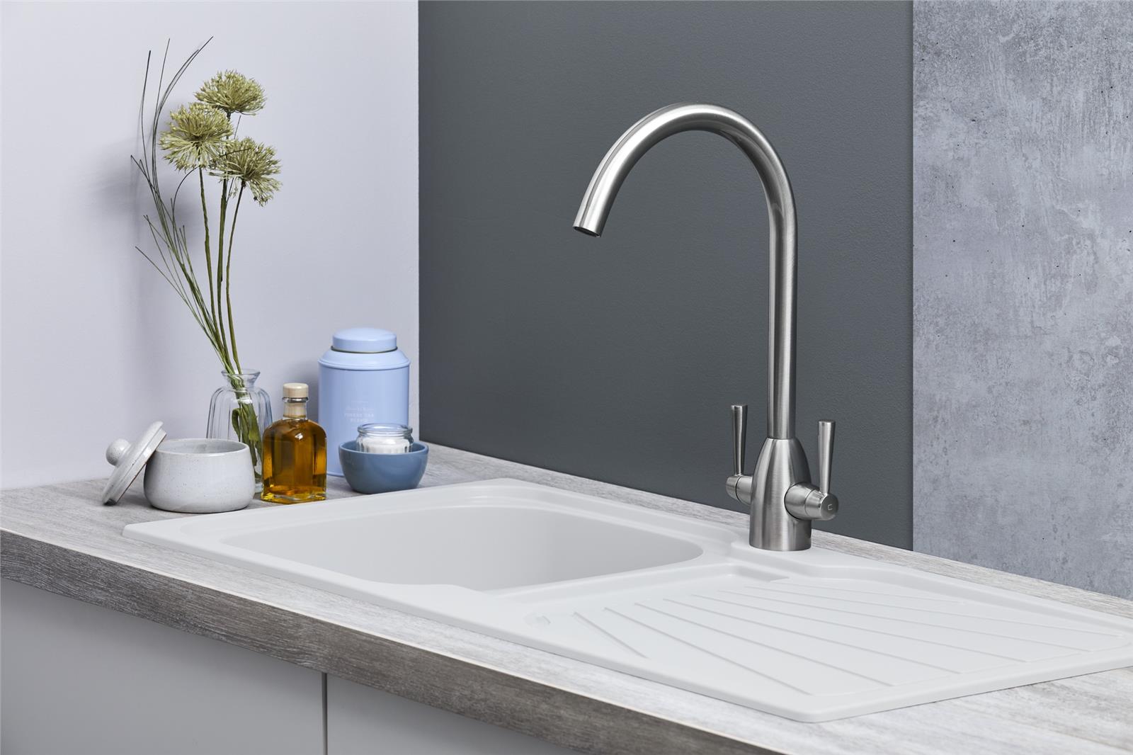 Liquida CMP5WH 1.0 Bowl White Kitchen Sink With W03CH Chrome Mixer Tap