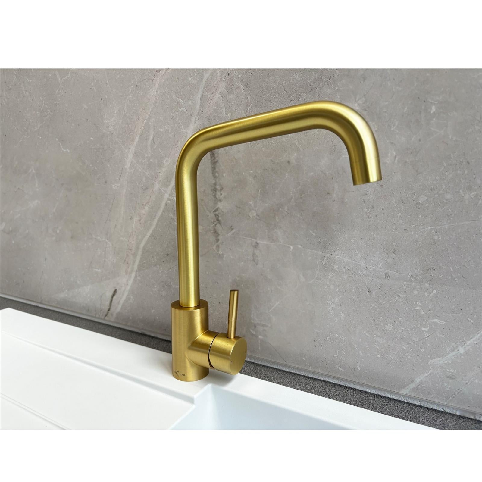 Reginox Salina BG Single Lever Square Neck Brushed Gold Kitchen Mixer Tap