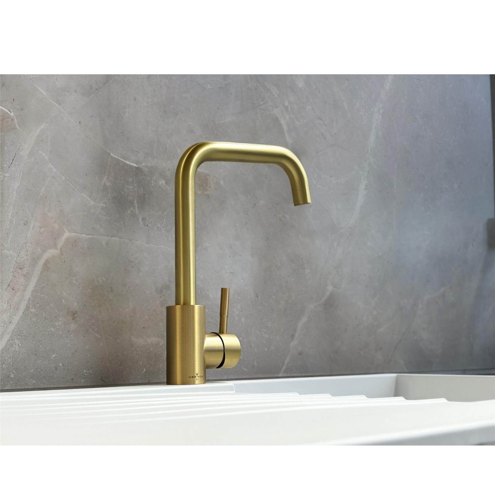 Reginox Salina BG Single Lever Square Neck Brushed Gold Kitchen Mixer Tap