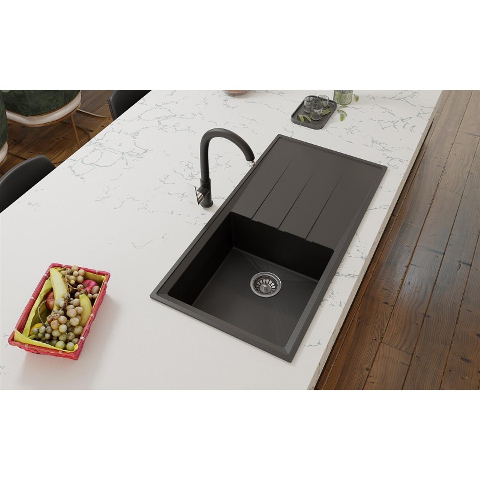 Liquida SEN100BL 1.0 Bowl Black Granite Reversible Kitchen Sink With Waste