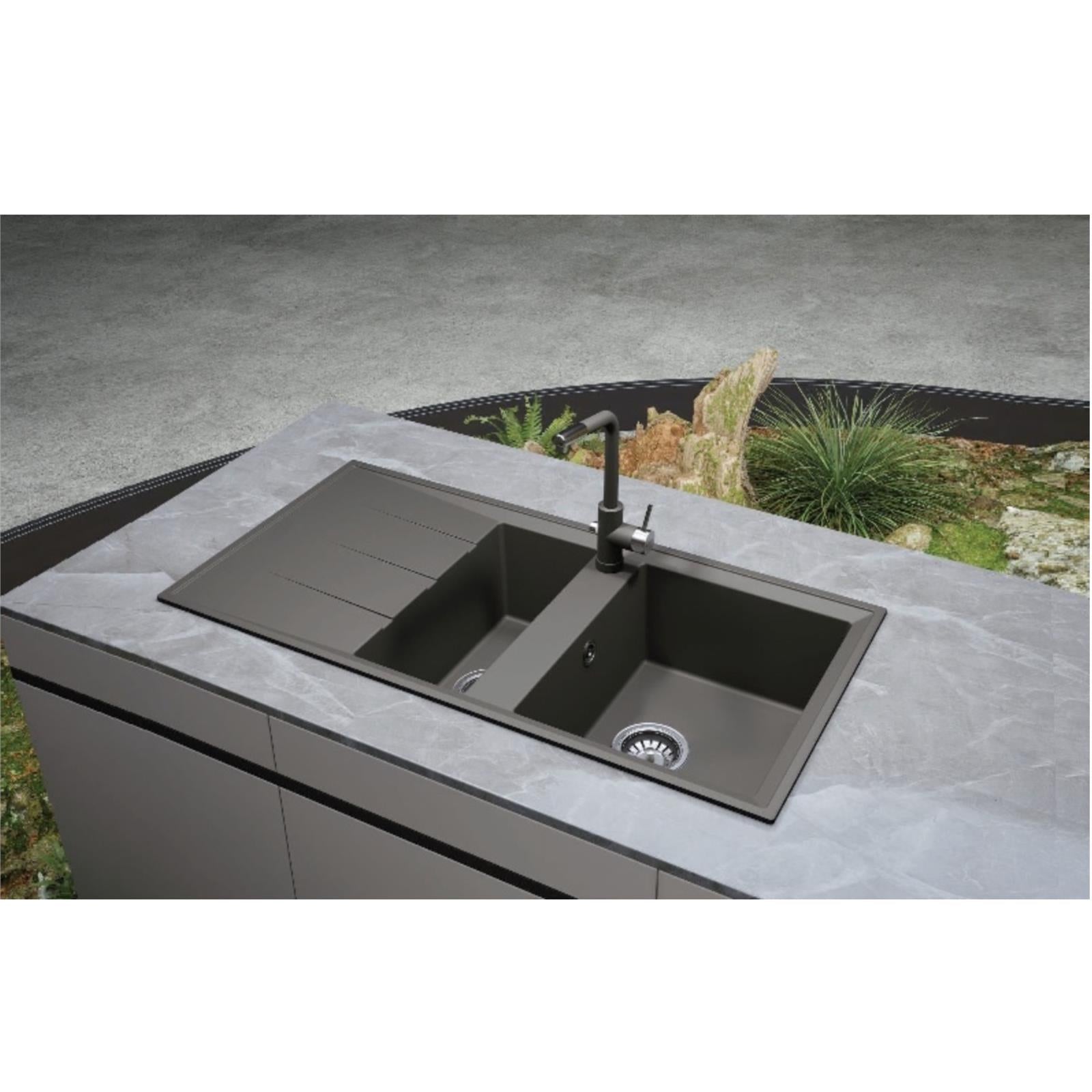 Liquida SEN150BL 1.5 Bowl Black Granite Reversible Kitchen Sink With Wastes