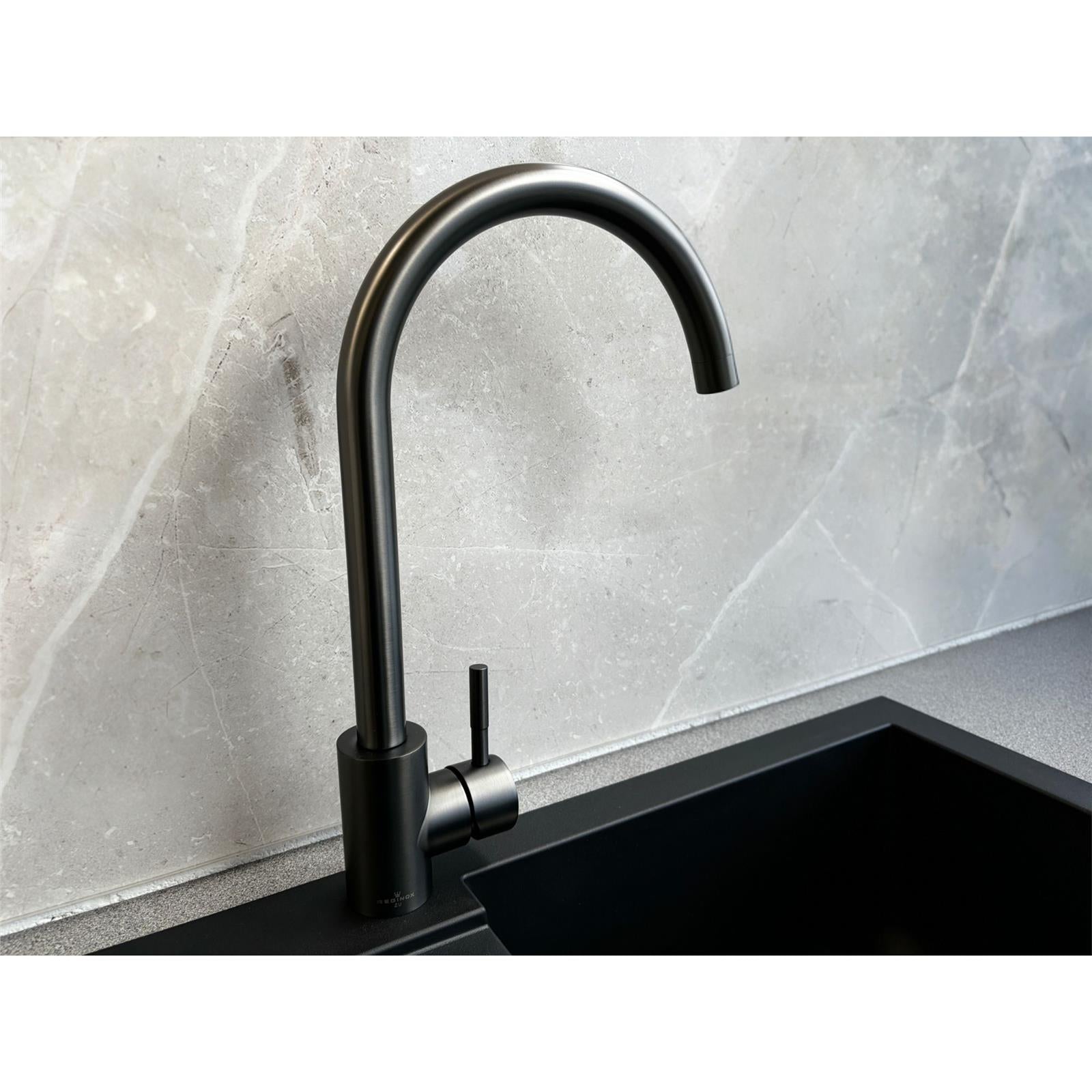 Reginox Taravo GM Single Lever Swan Neck Gun Metal Grey Kitchen Mixer Tap