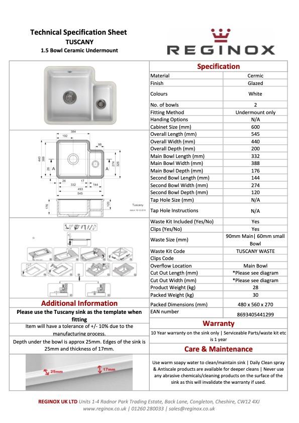 Reginox Tuscany 1.5 Bowl Undermount White Ceramic Kitchen Sink 545 x 440mm