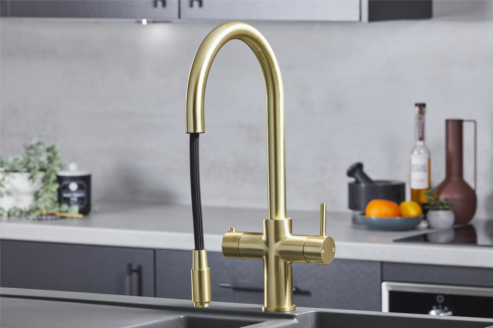 Liquida HT35BG 3 In 1 Pull Out Spray Gold Instant Boiling Water Kitchen Tap