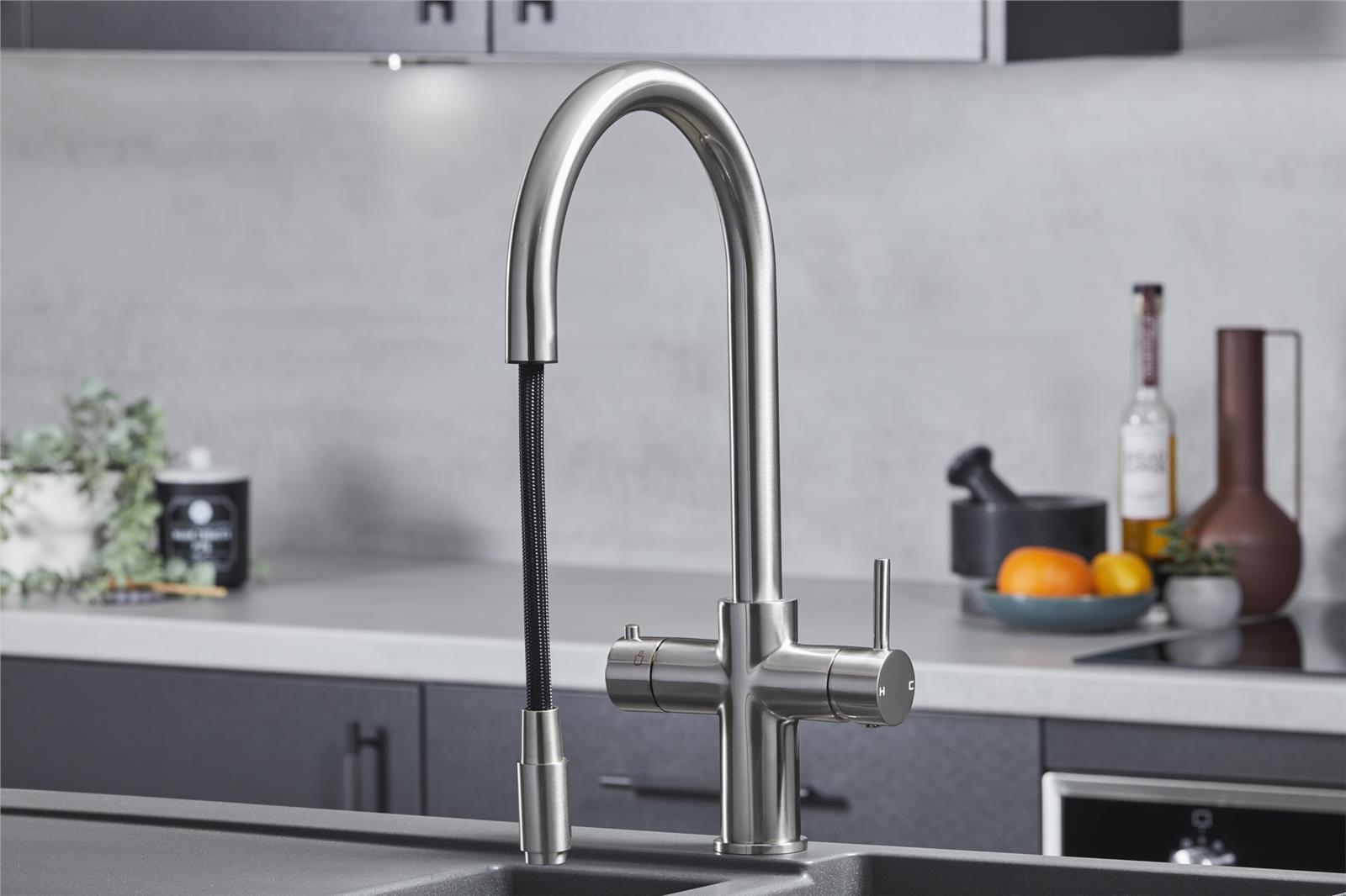 Liquida HT35BN 3 In 1 Pull Out Spray Brushed Nickel Boiling Water Kitchen Tap