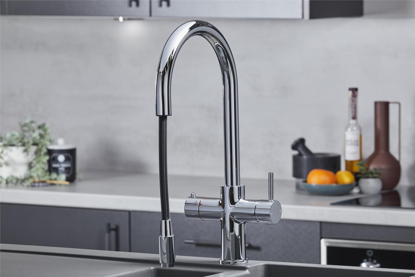 Liquida HT35CH 3 In 1 Pull Out Spray Chrome Instant Boiling Water Kitchen Tap