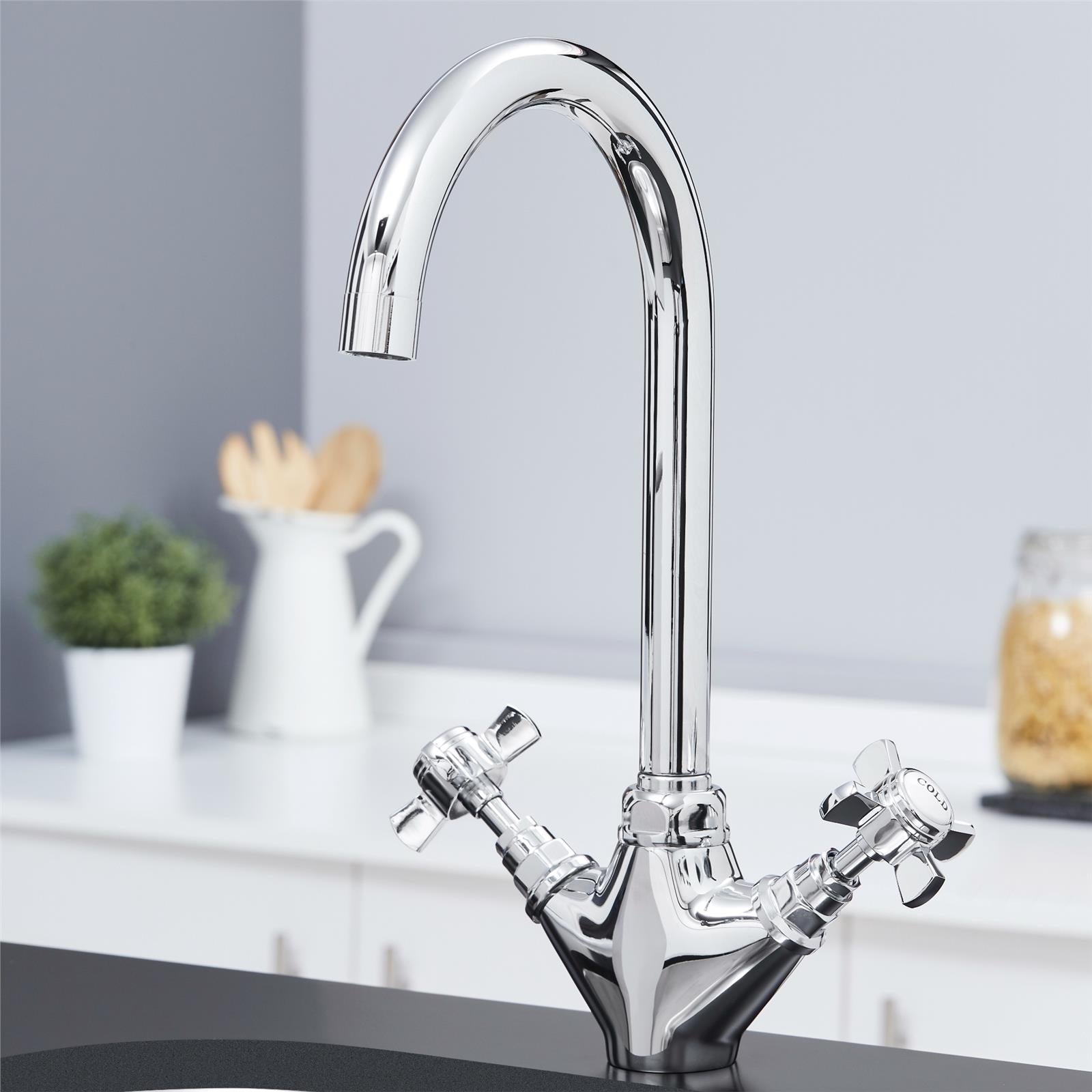 Liquida W02CH 360 Degree Swivel Spout Dual Handle Traditional Chrome Kitchen Tap