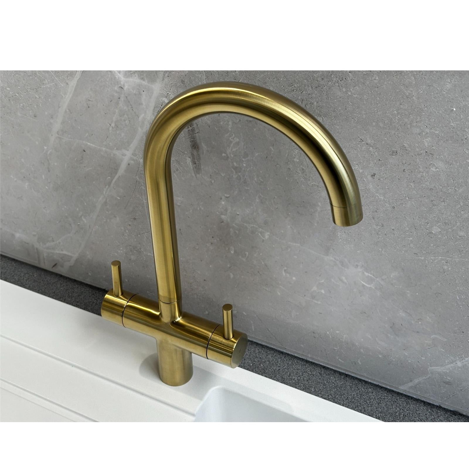 Liquida W03BG Monobloc Swan Neck Twin Lever Brushed Gold Kitchen Mixer Tap