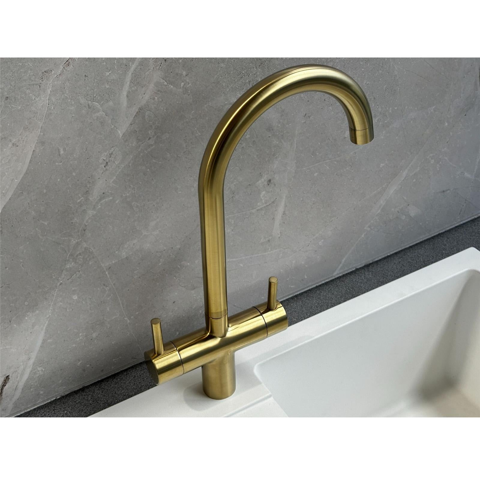 Liquida W03BG Monobloc Swan Neck Twin Lever Brushed Gold Kitchen Mixer Tap