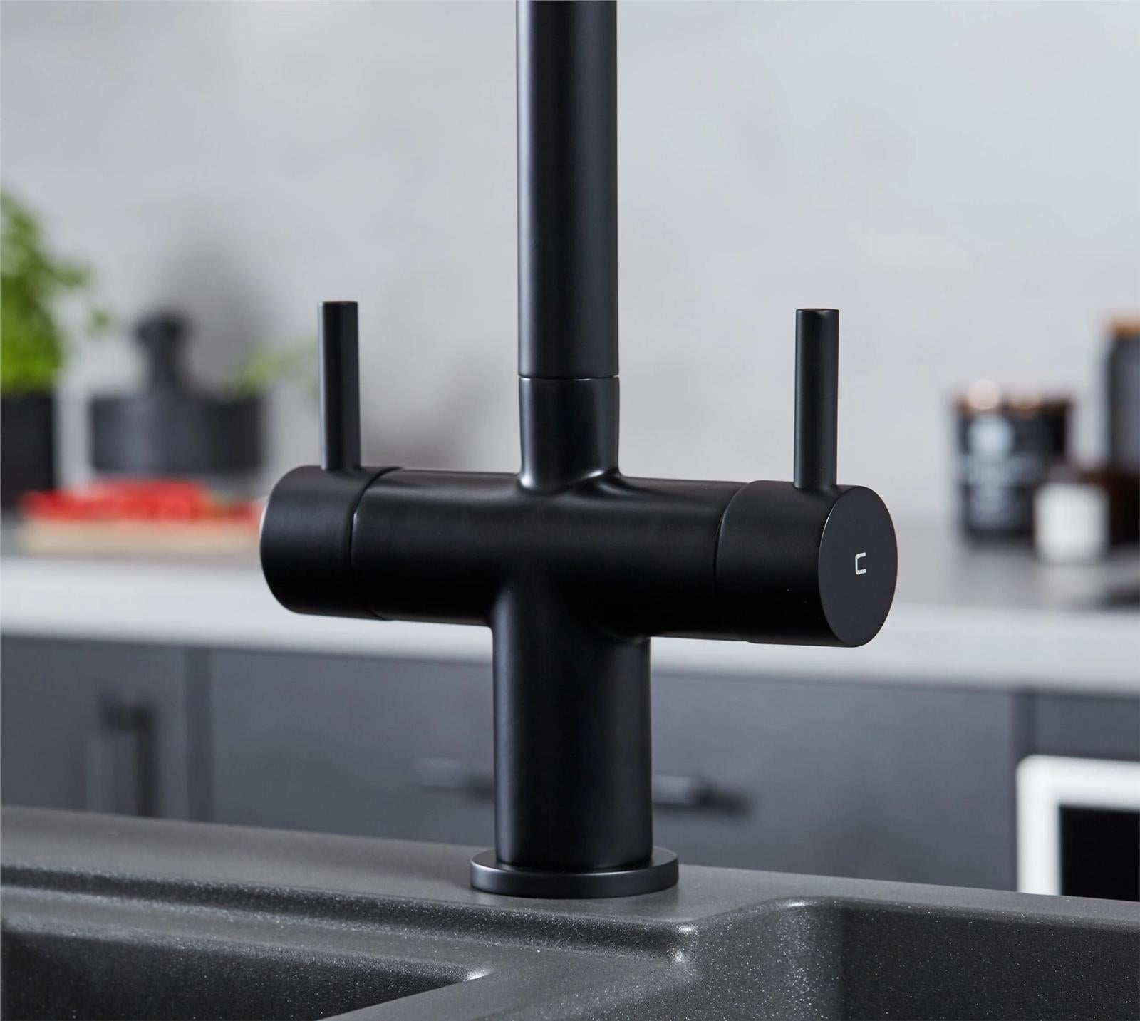 Liquida W03BL Black Swivel Spout Swan Neck Twin Lever Kitchen Mixer Tap