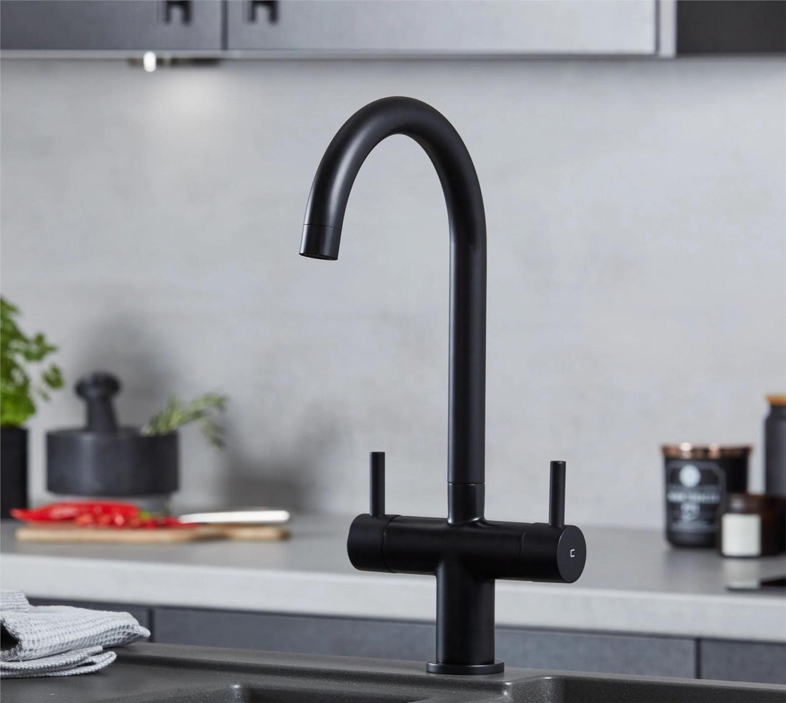 Liquida W03BL Black Swivel Spout Swan Neck Twin Lever Kitchen Mixer Tap