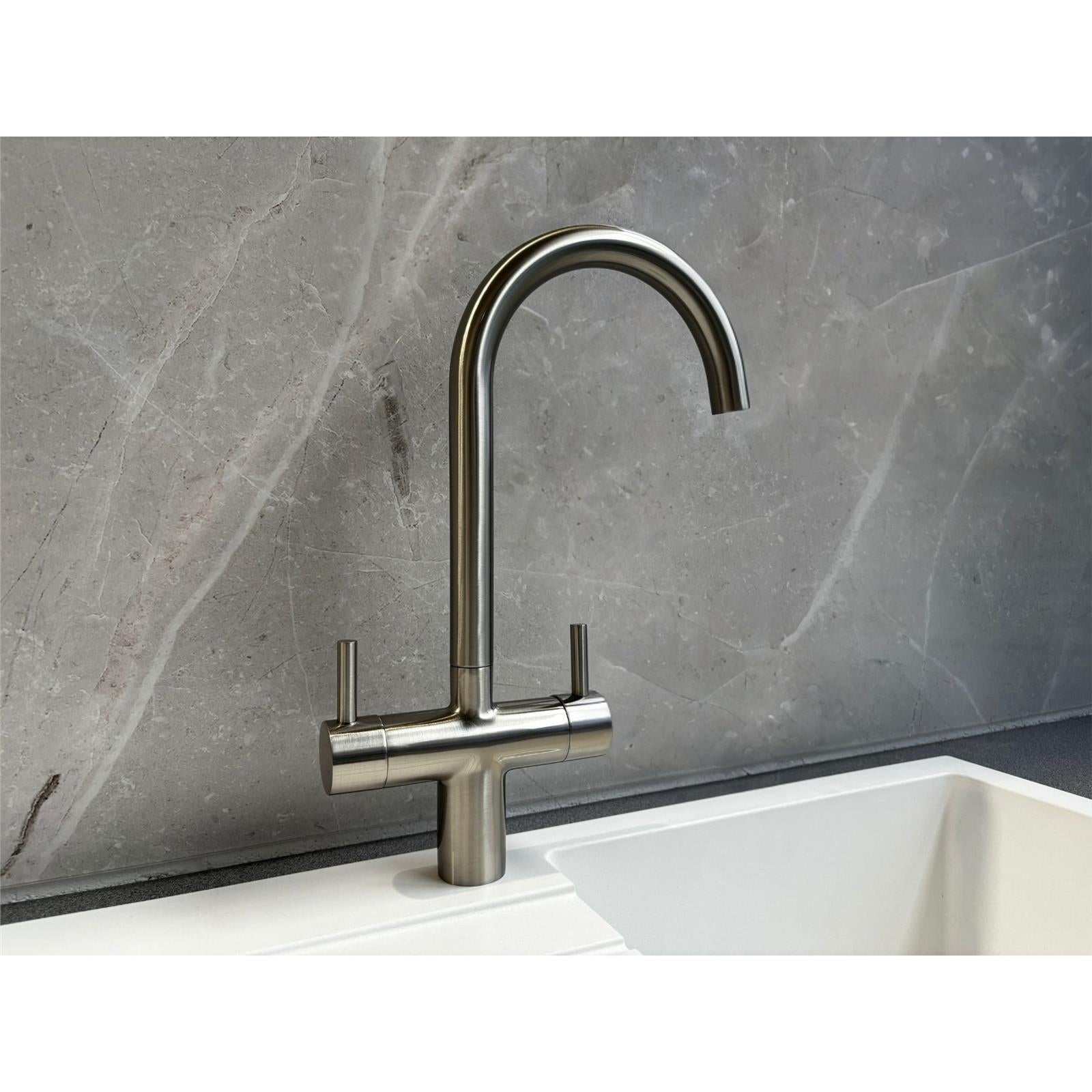 Liquida W03BN Brushed Nickel Swan Neck Twin Lever Kitchen Mixer Tap - GRADED