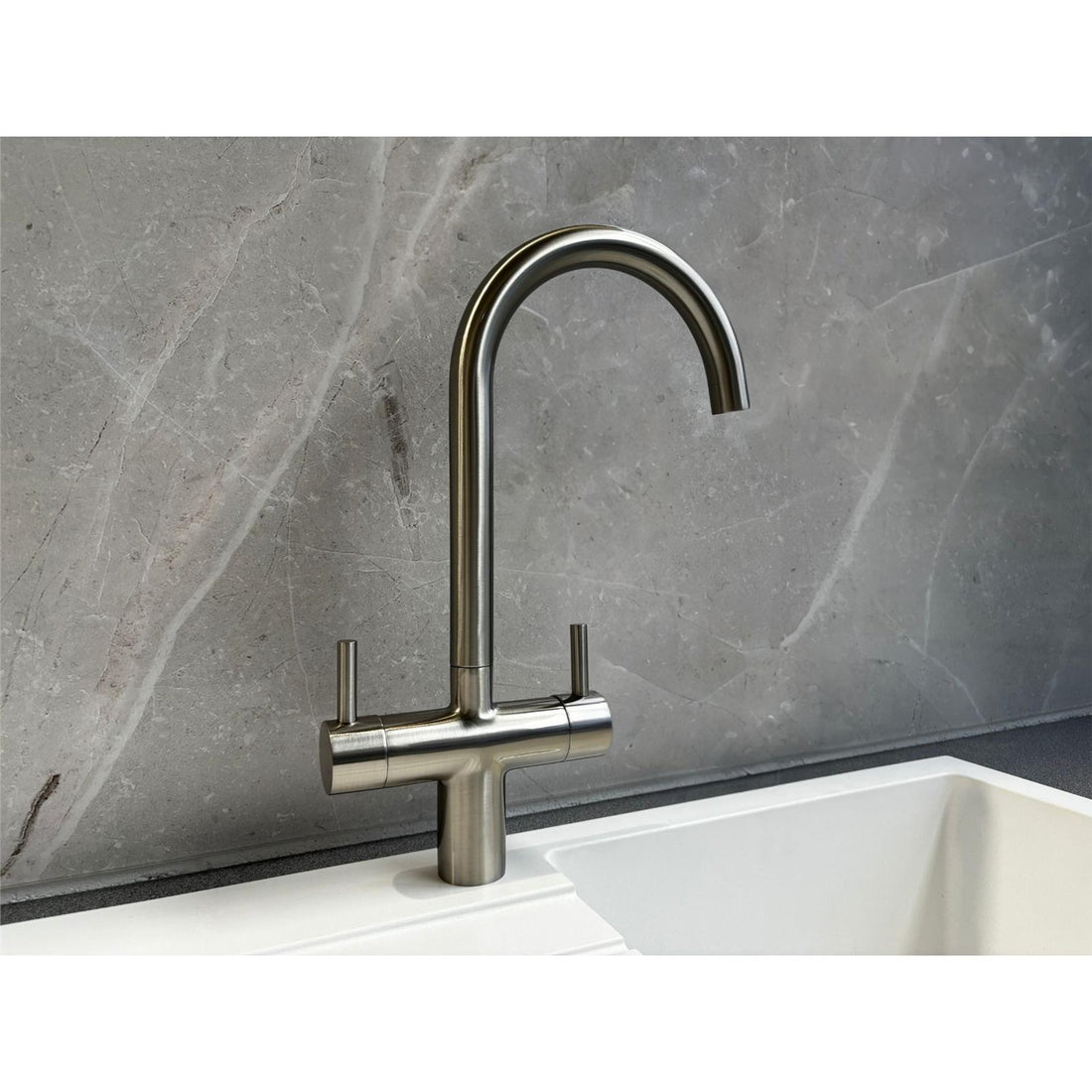 Liquida W03BN Brushed Nickel Swan Neck Twin Lever Kitchen Mixer Tap - GRADED