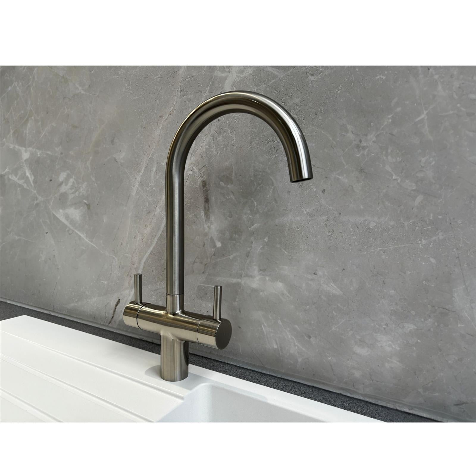 Liquida W03BN Brushed Nickel Swan Neck Twin Lever Kitchen Mixer Tap - GRADED