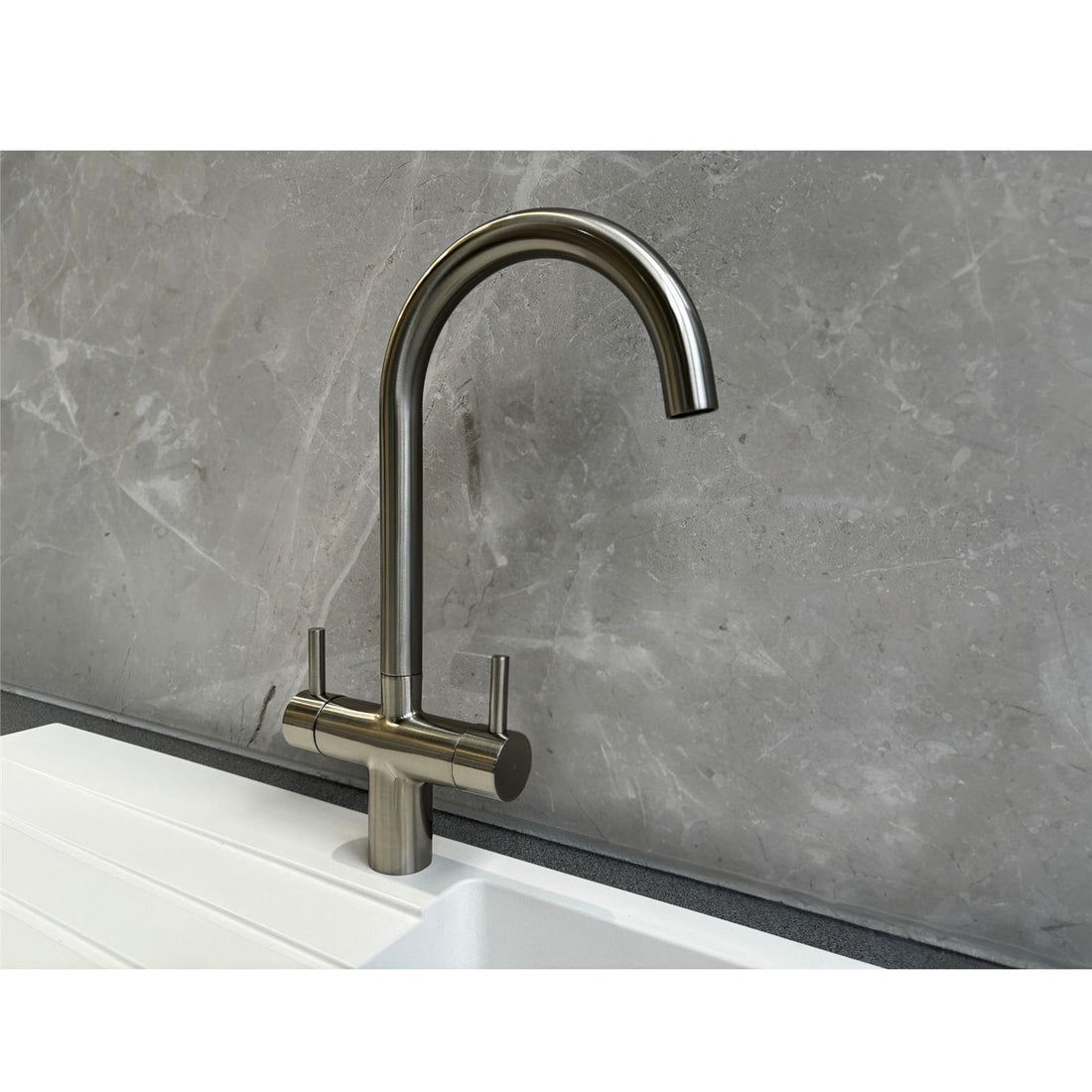 Liquida W03BN Brushed Nickel Swan Neck Twin Lever Kitchen Mixer Tap - GRADED