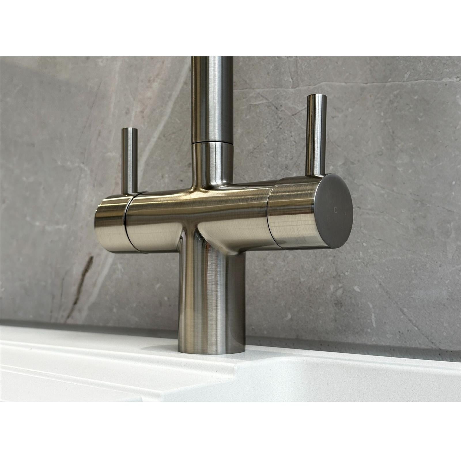 Liquida W03BN Brushed Nickel Swan Neck Twin Lever Kitchen Mixer Tap - GRADED