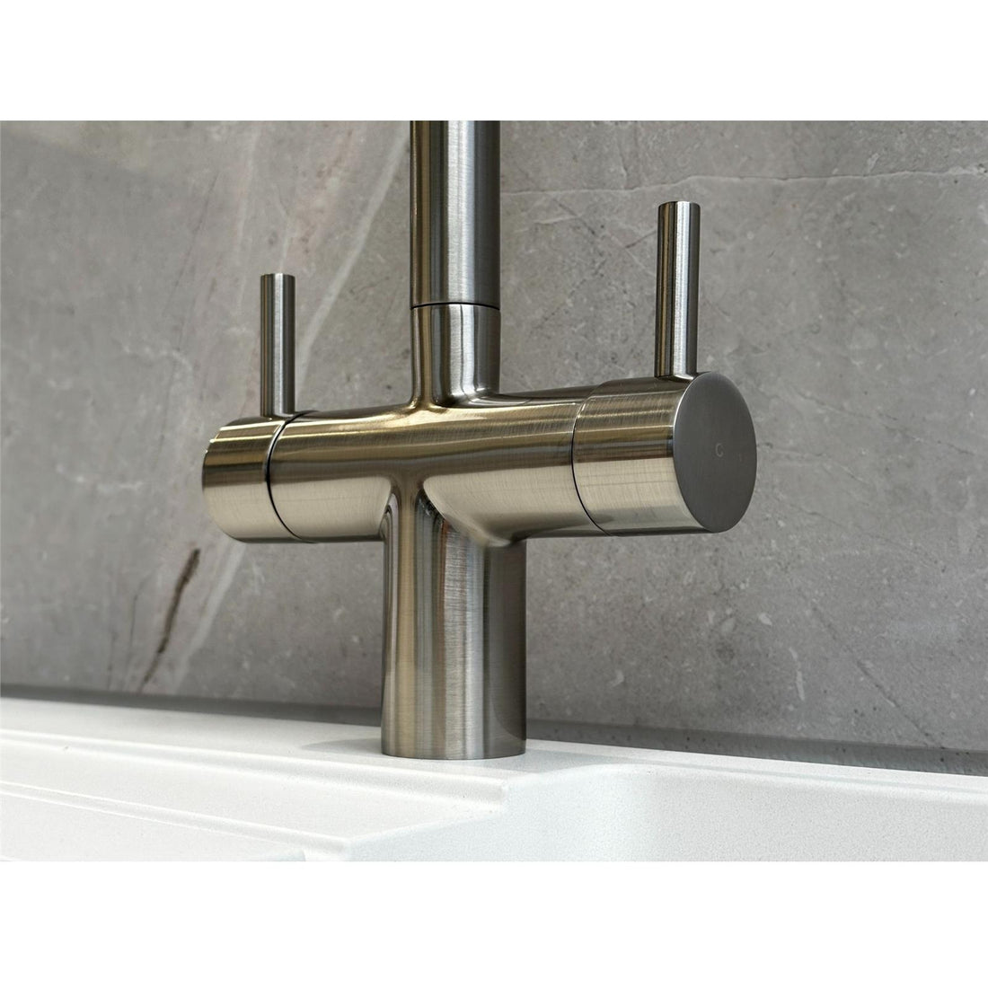Liquida W03BN Brushed Nickel Swan Neck Twin Lever Kitchen Mixer Tap - GRADED