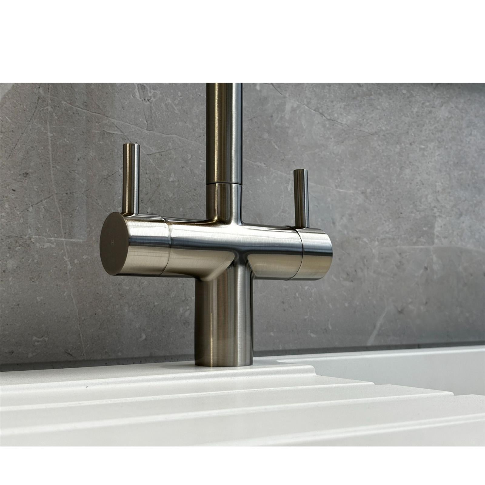 Liquida W03BN Brushed Nickel Swan Neck Twin Lever Kitchen Mixer Tap - GRADED