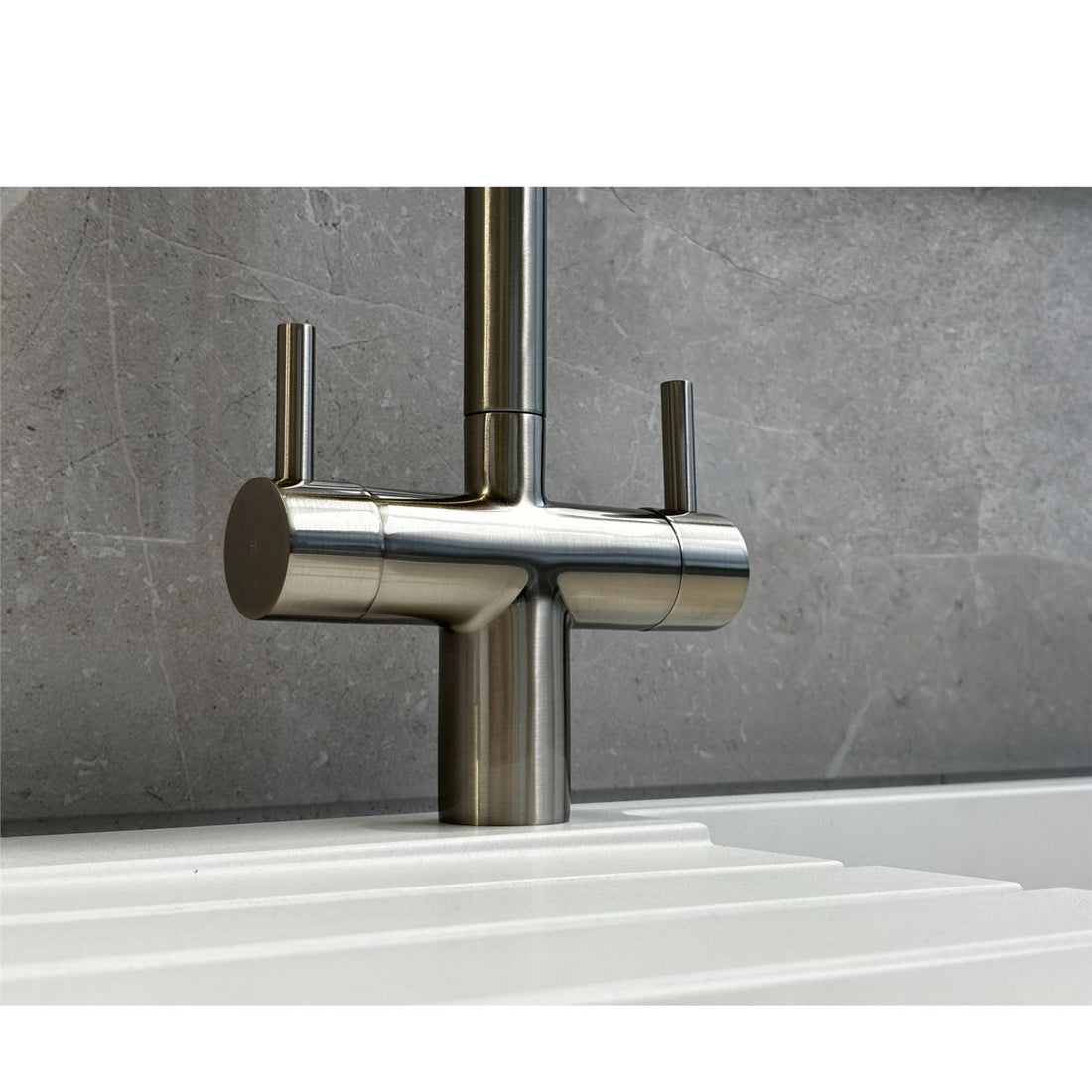 Liquida W03BN Brushed Nickel Swan Neck Twin Lever Kitchen Mixer Tap - GRADED