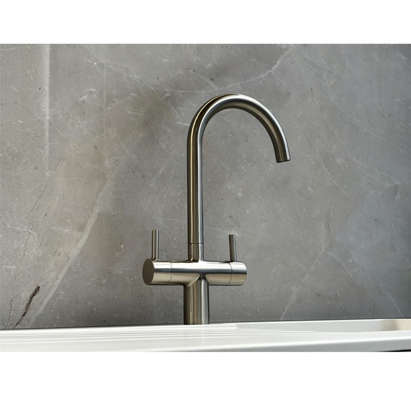 Liquida W03BN Brushed Nickel Swan Neck Twin Lever Kitchen Mixer Tap - GRADED