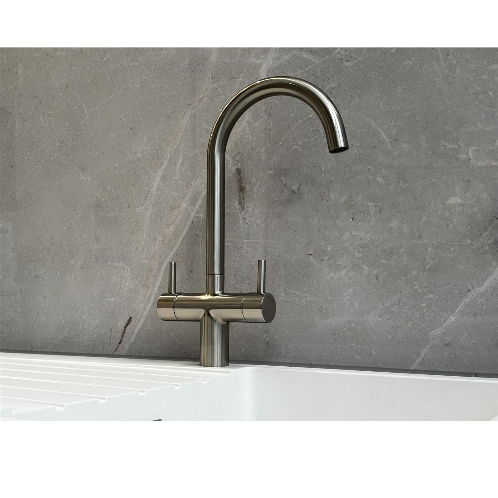 Liquida W03BN Brushed Nickel Swan Neck Twin Lever Kitchen Mixer Tap - GRADED