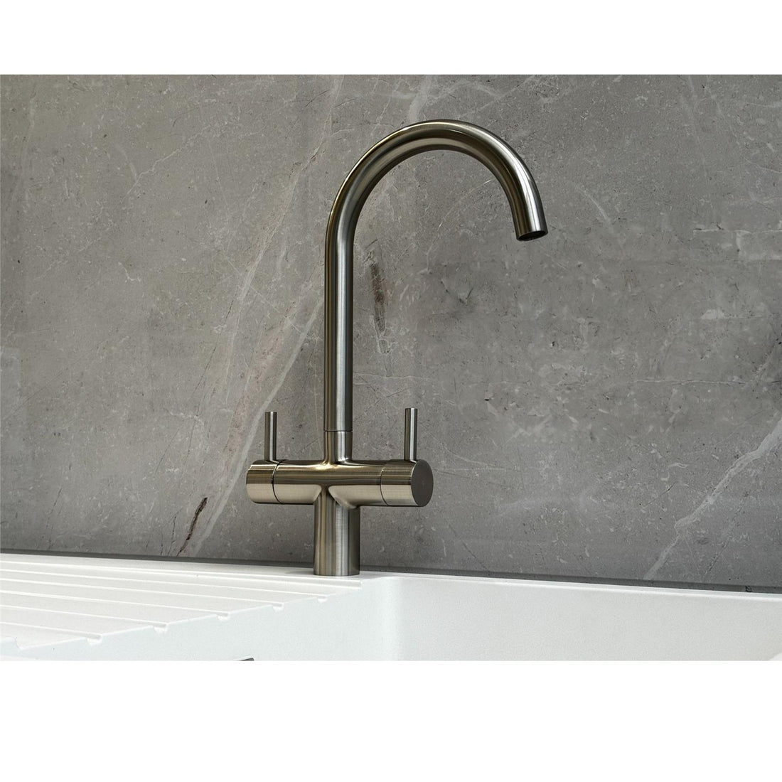 Liquida W03BN Brushed Nickel Swan Neck Twin Lever Kitchen Mixer Tap - GRADED