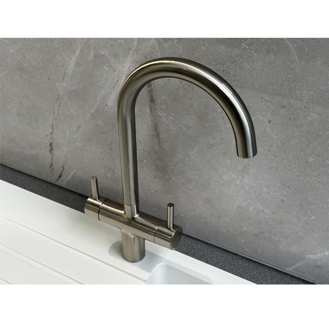 Liquida W03BN Brushed Nickel Swan Neck Twin Lever Kitchen Mixer Tap - GRADED