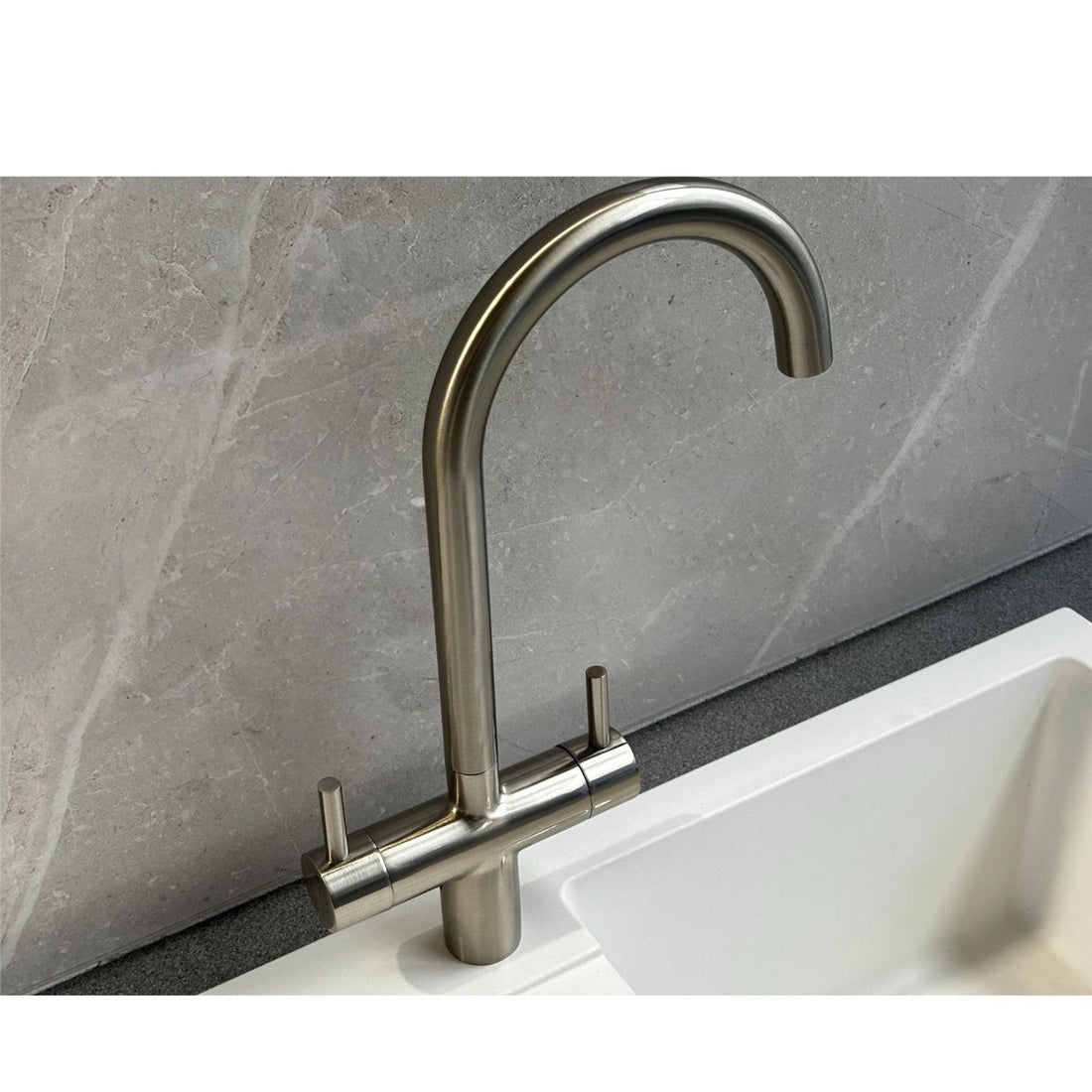 Liquida W03BN Brushed Nickel Swan Neck Twin Lever Kitchen Mixer Tap - GRADED
