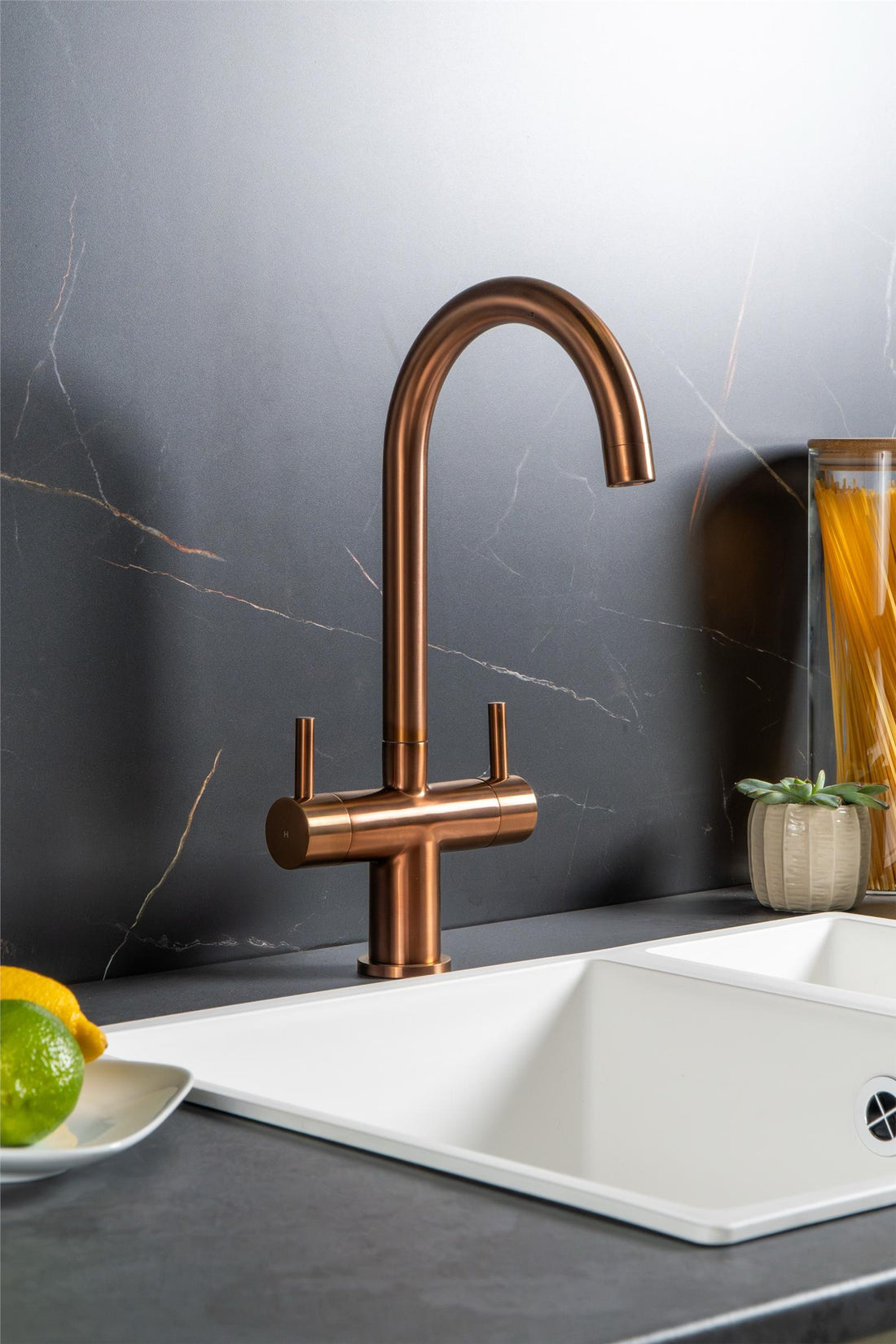 Liquida W03CP Copper Swivel Spout Swan Neck Twin Lever Kitchen Mixer Tap