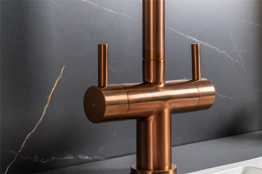 Liquida W03CP Copper Swivel Spout Swan Neck Twin Lever Kitchen Mixer Tap