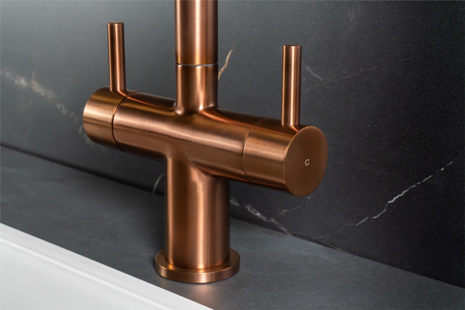 Liquida W03CP Copper Swivel Spout Swan Neck Twin Lever Kitchen Mixer Tap