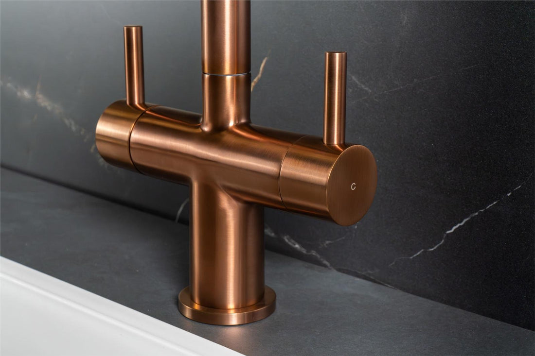 Liquida W03CP Copper Swivel Spout Swan Neck Twin Lever Kitchen Mixer Tap