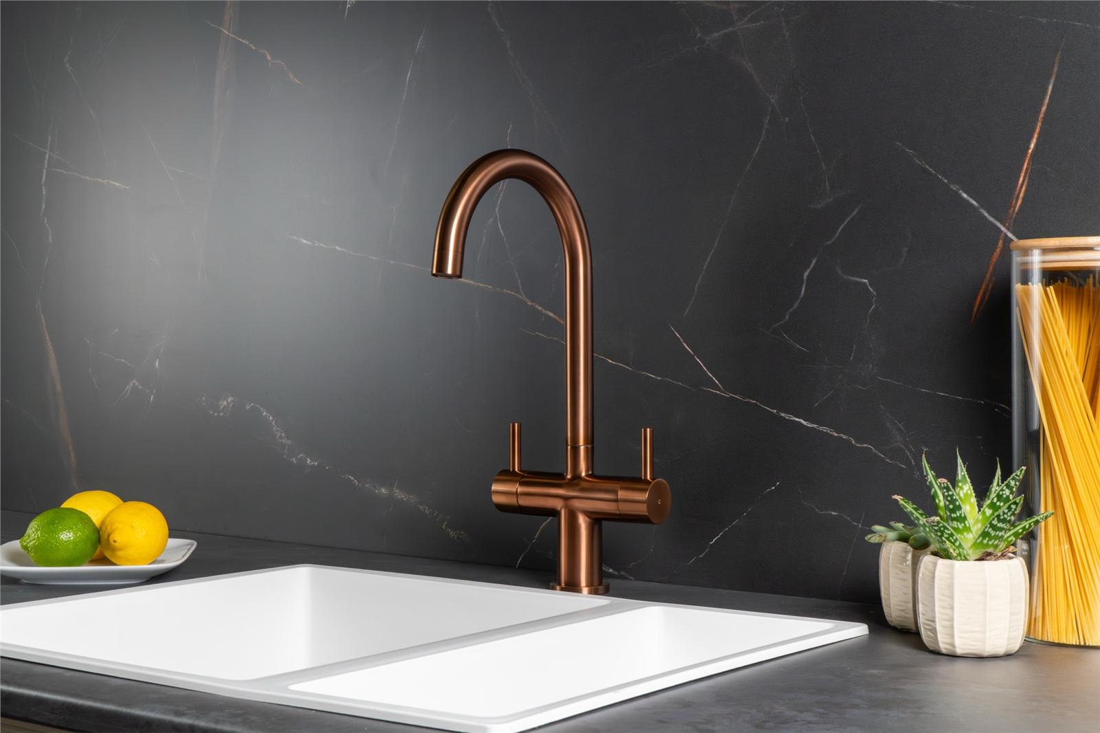 Liquida W03CP Copper Swivel Spout Swan Neck Twin Lever Kitchen Mixer Tap