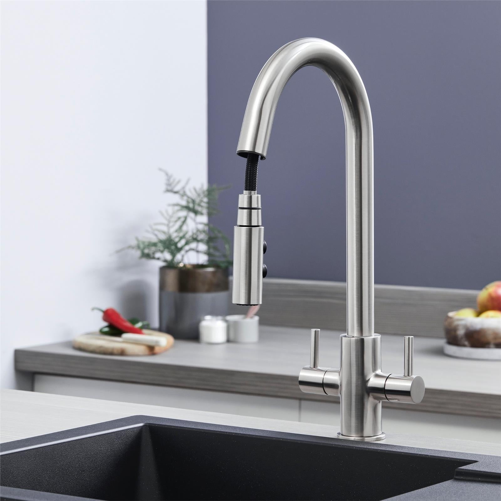 Liquida W04BN Twin Lever Brushed Nickel Kitchen Mixer Tap With Pull Out Spray