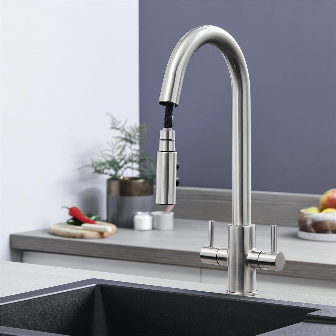 Liquida W04BN Twin Lever Brushed Nickel Kitchen Mixer Tap With Pull Out Spray